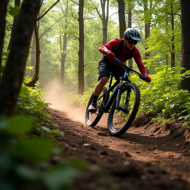 Ein Mountainbiker fährt schnell einen Waldweg hinunter.