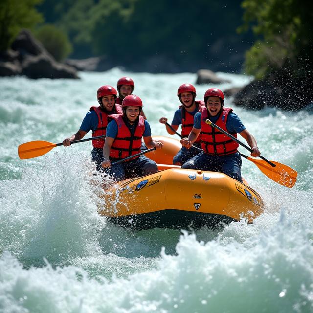 Eine Gruppe von Leuten beim Rafting auf einem wilden Fluss.
