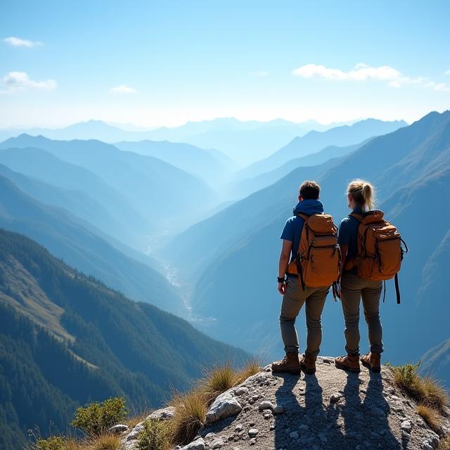 Zwei Wanderer auf einem Berggipfel mit Blick auf ein Tal.