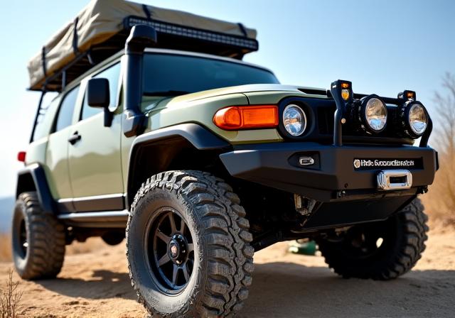 Nahaufnahme eines voll ausgestatteten Offroad-Fahrzeugs mit Dachzelt und Zusatzausrüstung, bereit für die Reise.