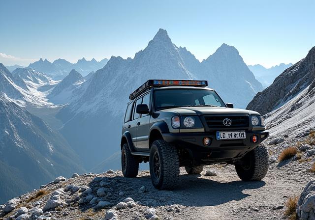 Ein 4x4 Fahrzeug auf dem Gipfel eines hohen Alpenpasses.