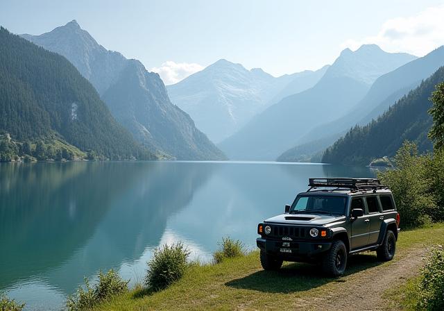 Ein Fahrzeug parkt an einem See im Nationalpark Hohe Tauern.