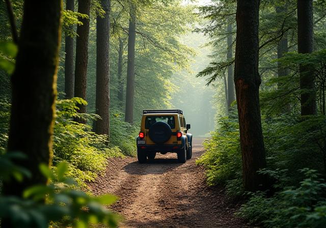 Ein Geländewagen fährt durch einen dichten, steirischen Waldweg.